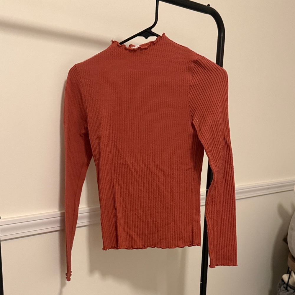 Caution To The Wind Terracotta Ribbed Long Sleeve Top